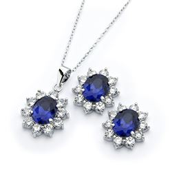 Sterling Silver Rhodium Plated Clear Cluster Blue Cluster Flower CZ Stud Earring & Necklace Set bgs0