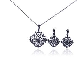 Sterling Silver Rhodium Plated Flower Black CZ Dangling Earring & Necklace Set sts00295