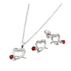 Sterling Silver Rhodium Plated Clear Heart Red Rose CZ Stud Earring & Necklace Set bgs00406