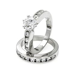 Rhodium Plated Brass Clear Round Center Channel Set CZ Bridal Ring Set bbr00095