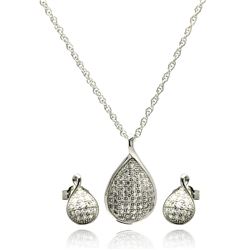 Sterling Silver Rhodium Plated Teardrop CZ Stud Earring & Necklace Set sts00414