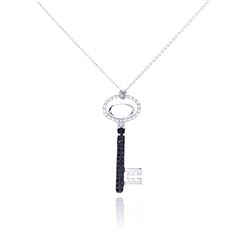 Sterling Silver Rhodium & Black Rhodium Plated Clear & Black CZ Key Pendant Necklace stp00995