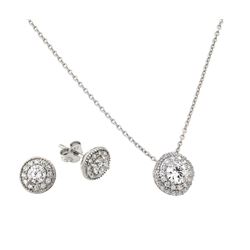 Sterling Silver Rhodium Plated Round CZ Stud Earring & Necklace Set sts00484