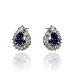 Sterling Silver Rhodioum Plated Teardrop Purple Baguette Clear CZ Stud Earring bge00336