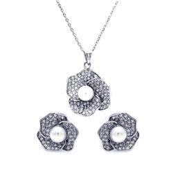 Sterling Silver Rhodium Plated Clear Pave Set Flower Pearl CZ Stud Earring & Necklace Set bgs00208
