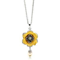 RhodiumBlack Rhodium& Gold Plated Brass Pearl Drop Flower Clear CZ Pendant Necklace bbp00064