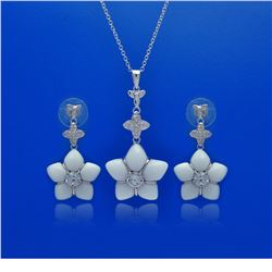 Sterling Silver Rhodium Plated White Onyx Clear Flower CZ Dangling Stud Earring & Necklace Set bgs00