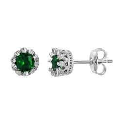 Sterling Silver Rhodium Plated Crown Set Studs with Green CZ Stone - GME00034RH-GREEN
