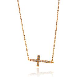 Sterling Silver Rose Gold Plated Sideways Cross CZ Necklace bgp00672