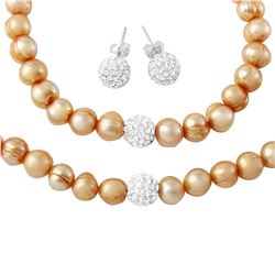 Fresh Water Champagne Pearl Necklace, Bracelet and Earrings Set with CZ Encrusted Sterling Silver Be