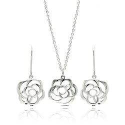 Rhodium Plated Brass Open Flower Carnation Outline Hook Earring & Necklace Set bbs00050