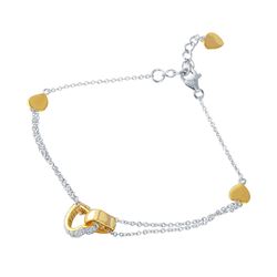 Sterling Silver Rhodium Plated CZ Gold Hearts Charm Bracelet STB00519