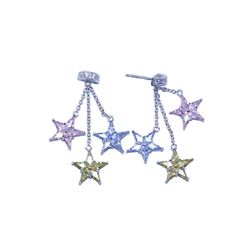 Sterling Silver Rhodium Plated Three Start Multicolor CZ Dangling Strand Stud Earring ste00610