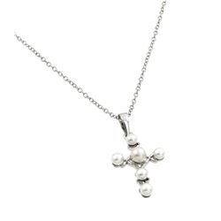 Sterling Silver Rhodium Plated Cross Pearl Pendant Necklace bgp00858