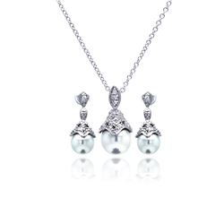 Sterling Silver Rhodium Plated Pearl Drop Clear CZ Dangling Stud Earring & Necklace Set bgs00212