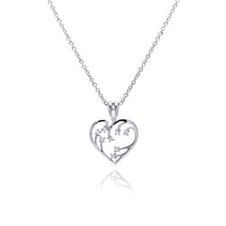 Sterling Silver Clear CZ Rhodium Plated Heart Pendant Necklace bgp00049