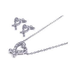 Sterling Silver Rhodium Plated Ribbon Open Heart CZ Stud Earring & Necklace Set sts00027
