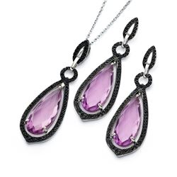 Sterling Silver Black Rhodium Plated Pink Teardrop CZ Dangling Stud Earring & Necklace Set sts00471