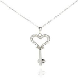 Sterling Silver Black Rhodium Plated Clear CZ Key Heart Pendant Necklace stp00997
