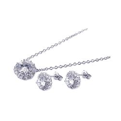Sterling Silver Rhodium Plated Round CZ Stud Earring & Necklace Set sts00158