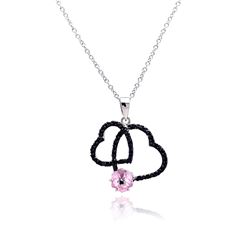 Sterling Silver Black Rhodium Plated Open Double Heart CZ Pink Pearl Necklace bgp00138