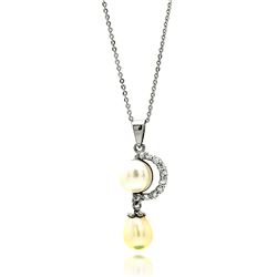 Sterling Silver Rhodium Plated Crescent CZ Center & Hanging Pearl Necklace bgp00602