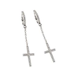 Sterling Silver Rhodium Plated Round Cross Clear CZ Wire Dangling Hoop Earring bge00375
