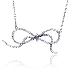 Sterling Silver Rhodium Plated Clear CZ Bowtie Pendant Necklace stp00879
