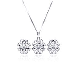 Sterling Silver Rhodium Plated Flower Outline Clear CZ Stud Earring & Necklace Set bgs00224