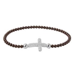 Sterling Silver Black Rhodium Plated Beaded Italian Bracelet With CZ Encrusted Cross - ITB00196BLK