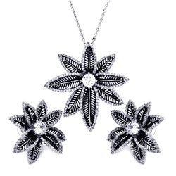 Sterling Silver Rhodium & Black Rhodium Plated Spiny Pointed Flower Clear CZ Stud Earring & Necklace