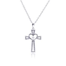 Sterling Silver Rhodium Plated Heart Open Cross CZ Necklace bgp00368
