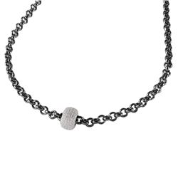 Sterling Silver Black Rhodium Plated Rolo Chain Necklace with Micro Pave CZ Round Pendant ECN00008BW