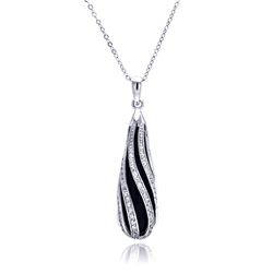 Sterling Silver Rhodium Teardrop Black Onyx Striped Curved CZ Necklace bgp00242