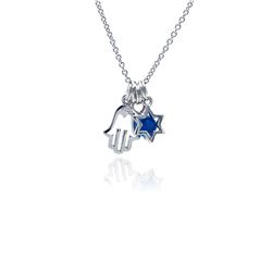 Sterling Silver Rhodium Plated Clear CZ Hamsa & Star Pendant Necklace stp00827