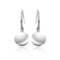 Sterling Silver Rhodium Plated Pave CZ Synthetic Pearl Dangling Hook Earring - BGE00219