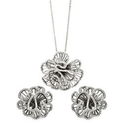 Sterling Silver Rhodium Plated Clear Flower Carnation CZ Stud Earring & Necklace Set bgs00233rh