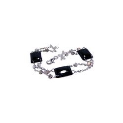 Sterling Silver Rhodium Plated Rectangle Black Stone Clear CZ Bracelet stb00170