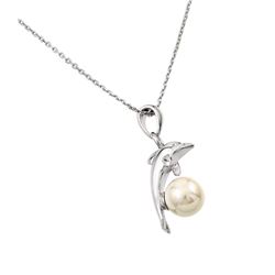 Sterling Silver Rhodium Plated Dolphin leaping over Pearl Pendant Necklace bgp00874