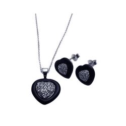 Sterling Silver Rhodium Plated Heart Clear CZ Inlay Black Onyx Stud Earring & Necklace Set sts00108