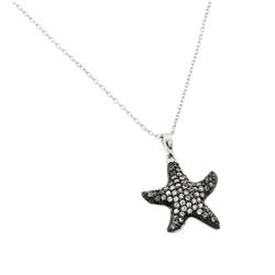 Sterling Silver Black Rhodium Plated Clear CZ Star Fish Pendant Necklace BGP00919