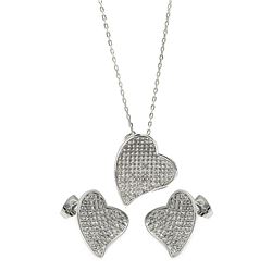 Sterling Silver Rhodium Plated Micro Pave Clear Curl Heart CZ Stud Earring & Necklace Set bgs00254