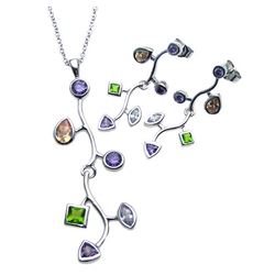 Sterling Silver Rhodium Plated Multishape Multicolor Tree Branch Dangling CZ Stud Earring & Necklace