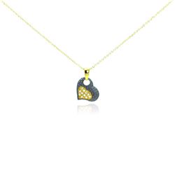 Sterling Silver Gold Plated & Matte Black Rhodium Finish Clear CZ Heart Pendant Necklace stp00984
