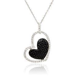 Sterling Silver Rhodium & Black Rhodium Plated Clear & Black CZ Heart Pendant Necklace stp00819