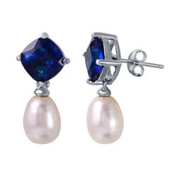 Sterling Silver Rhodium Plated Round Blue CZ Dangling Fresh Water Pearl Earrings - BGE00448BLU