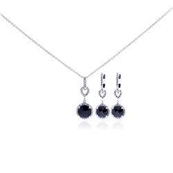 Sterling Silver Rhodium Plated Round CZ Dangling Lever Back Earring & Necklace Set sts00242