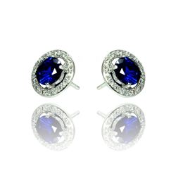 Sterling Silver Rhodium Plated Blue & Clear Round Pave CZ Stud Earring bge00333