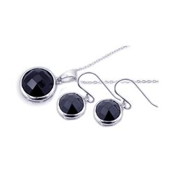 Sterling Silver Rhodium Plated Round Black CZ Danglin Hook Earring & Necklace Set sts00204