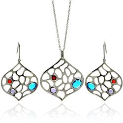 Brass Rhodium Plated Outline Leave Multiple Color CZ Necklace & Earring Set sbs0026